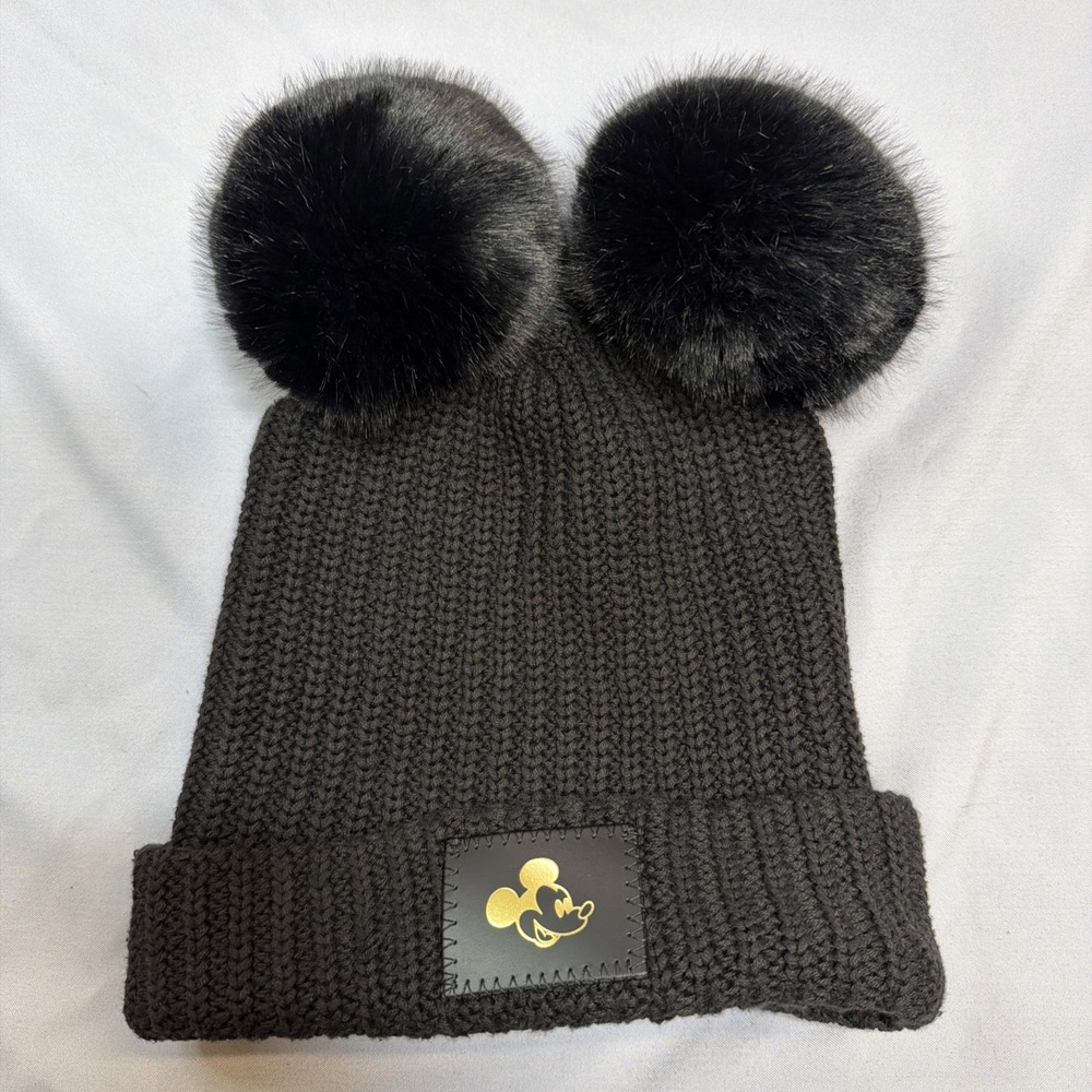 Disney Love Your Melon Adult Chunky Knit Mickey Gold Foil Double Pom Beanie